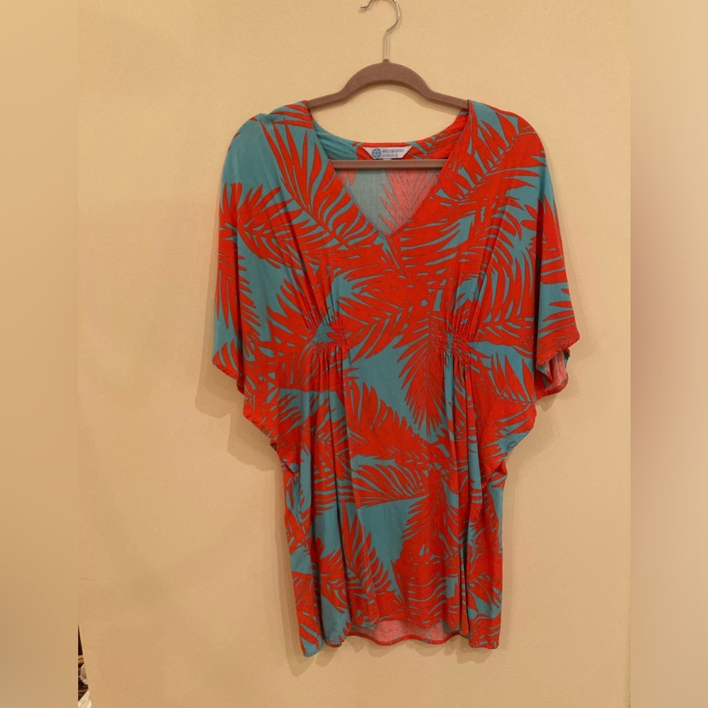 Escapada Living sundress, medium, coral-red and turquoise blue tropical print